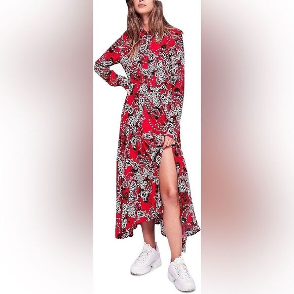 Free People Tough Love Floral Flowy Shirtdress Black Red Size 10